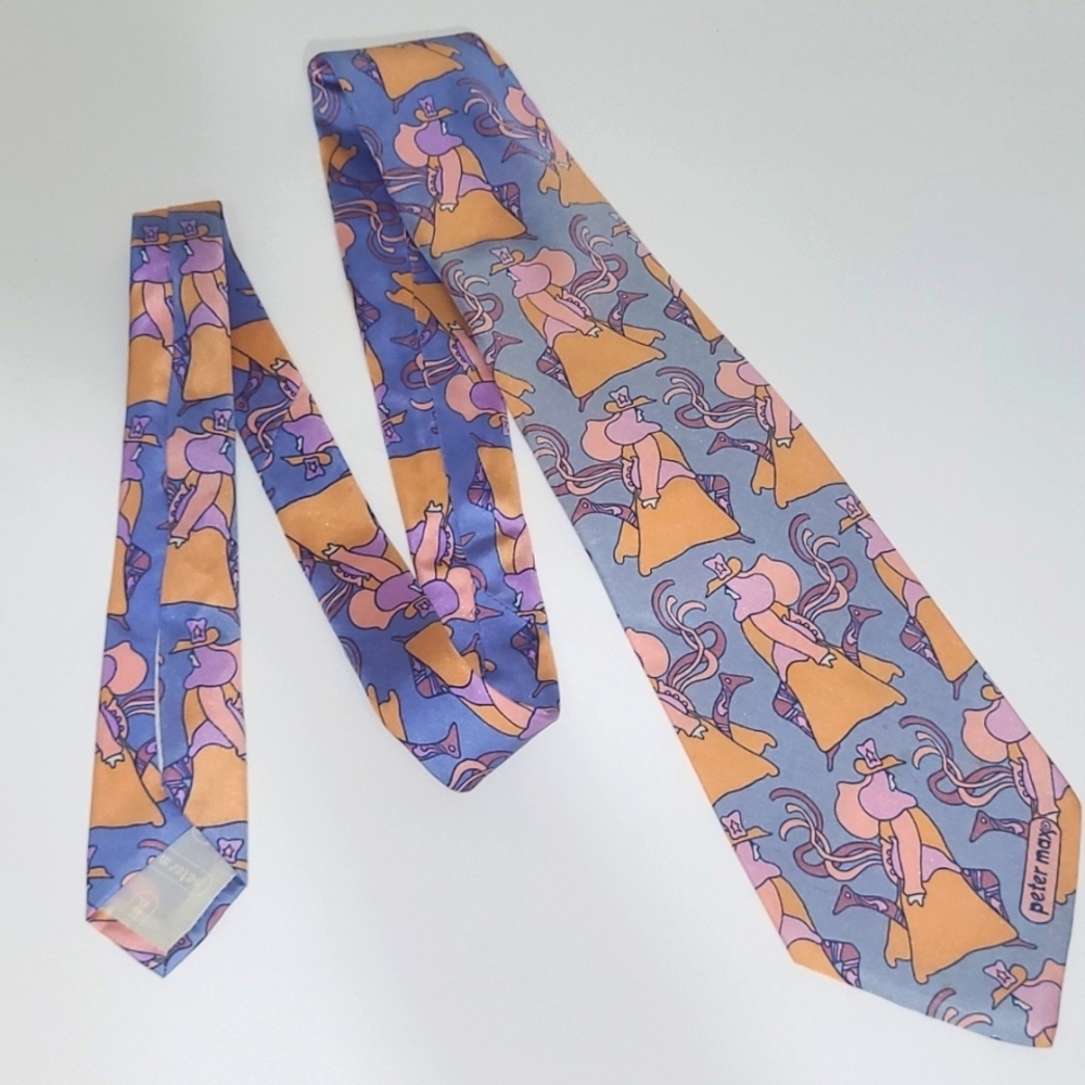 Peter Max Silk Tie Signed Pop Art Vintage Blue w Wizard Print Peach Purple Paste